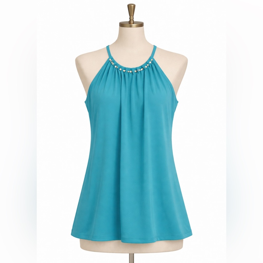 The Limited Teal Halter Tank Top Studded Neckline Keyhole Back Flowy Blouse – XS
